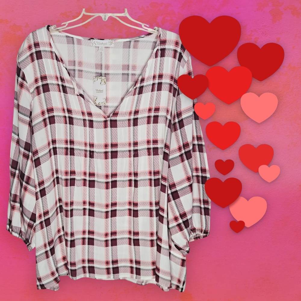 Suzanne Betro White/Burgundy/Pink Plaid Flowy Notch V-Neck Long Sleeve Tunic-1X